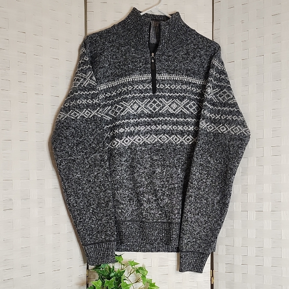 👉*NWT* CHARCOAL GREY & WHITE *FLEECE LINED* PATTERNED QUARTER-ZIP SWEATER ~XXL - Picture 2 of 15